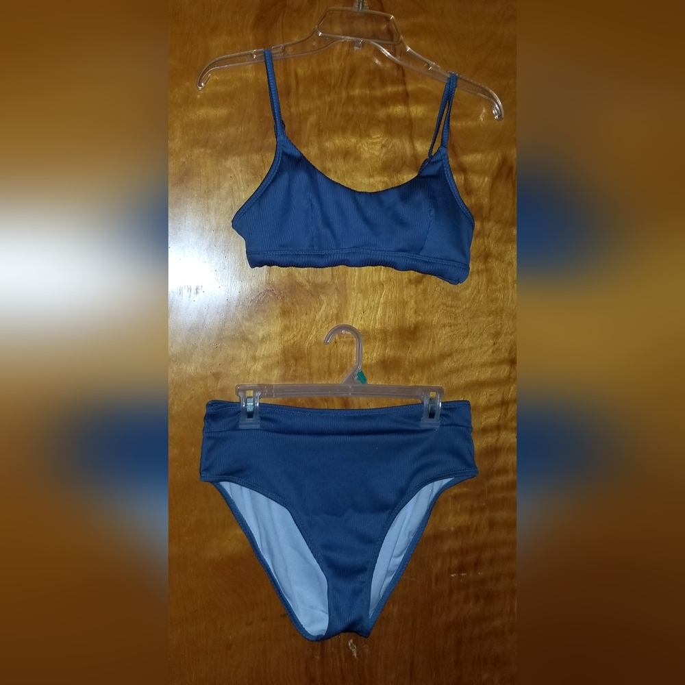 NWT Women's Blue 2 Piece Spaghetti Strap Push Up Bikini Top & Mid Rise Bottom